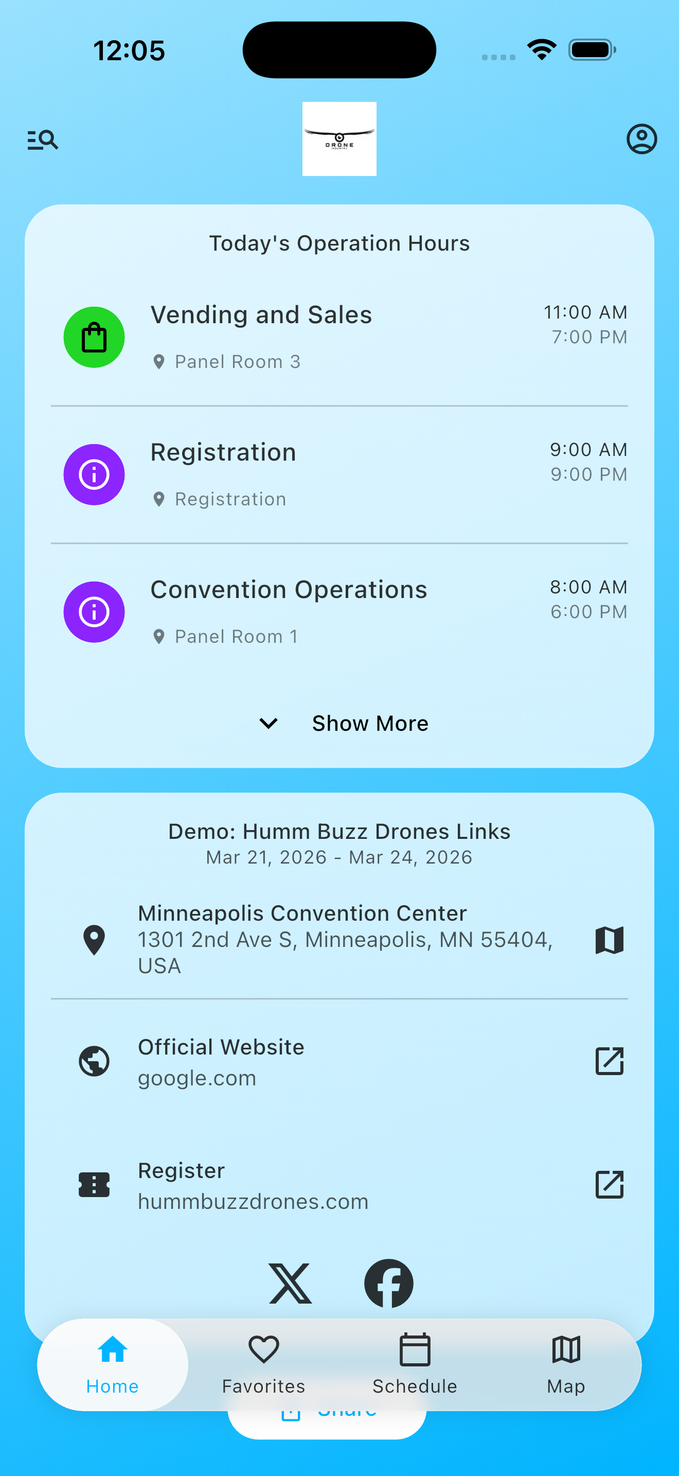 Venvi home screen with operation hours and event links
