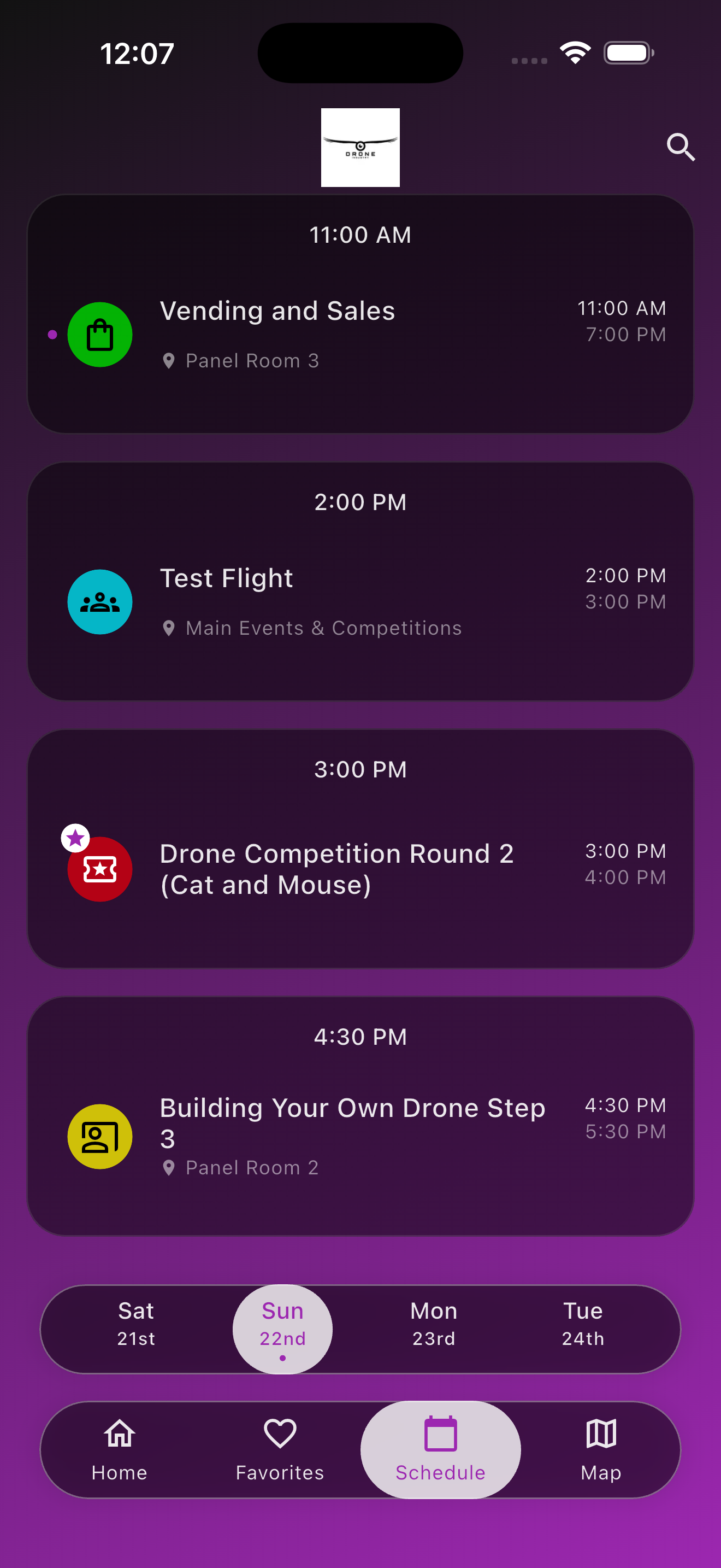 Venvi schedule screen with sessions organized by time