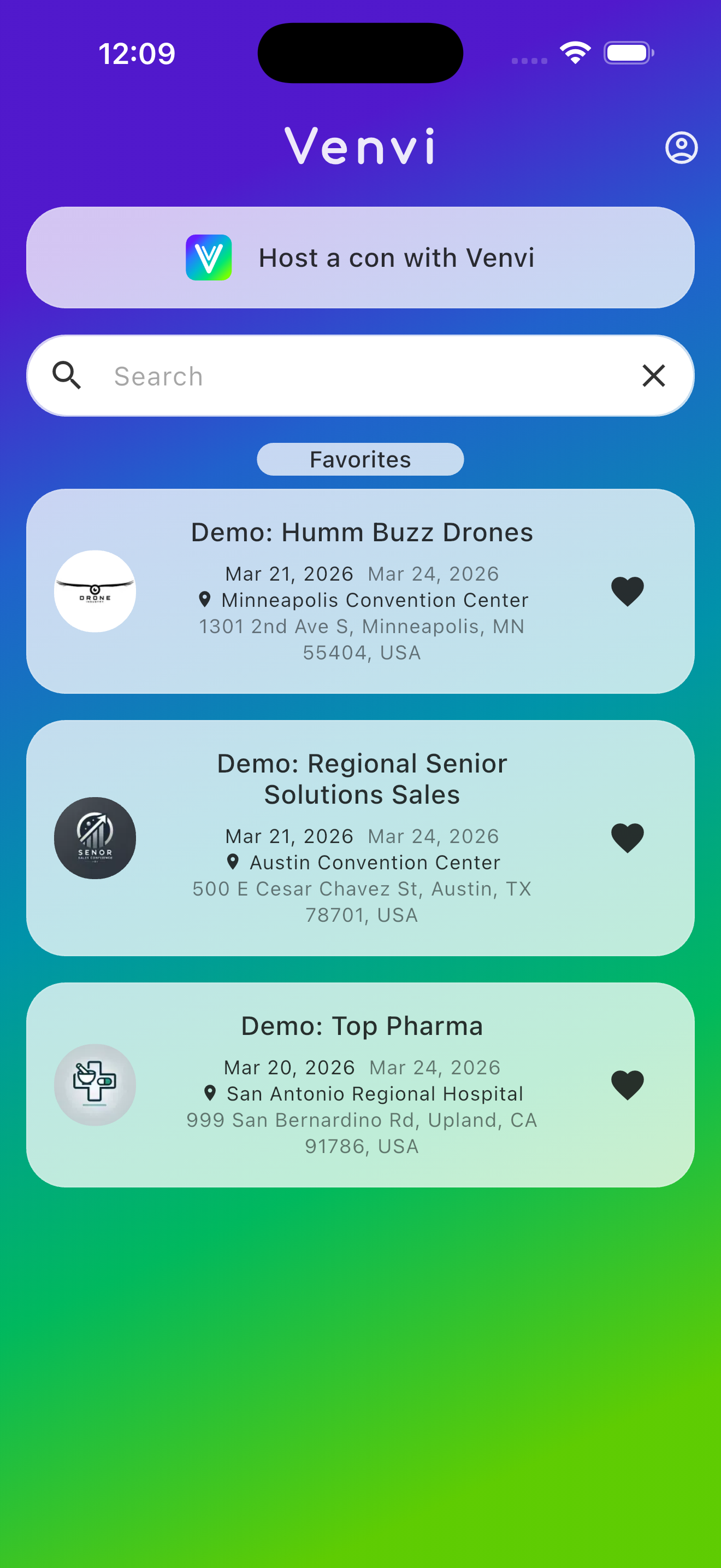 Venvi event search and favorite events screen