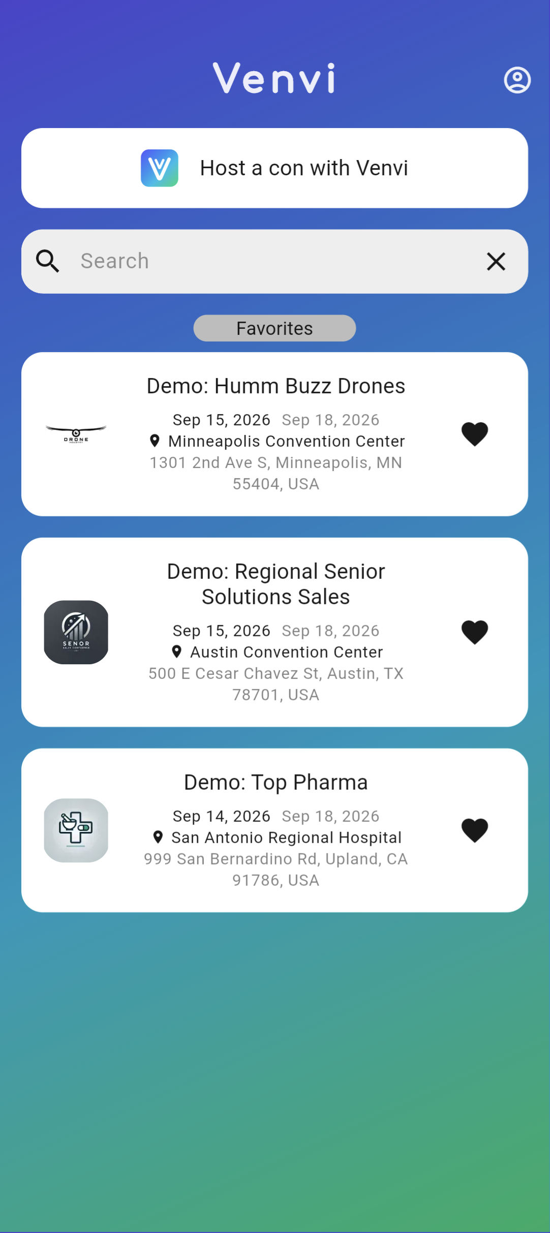 Venvi event search and favorite events screen